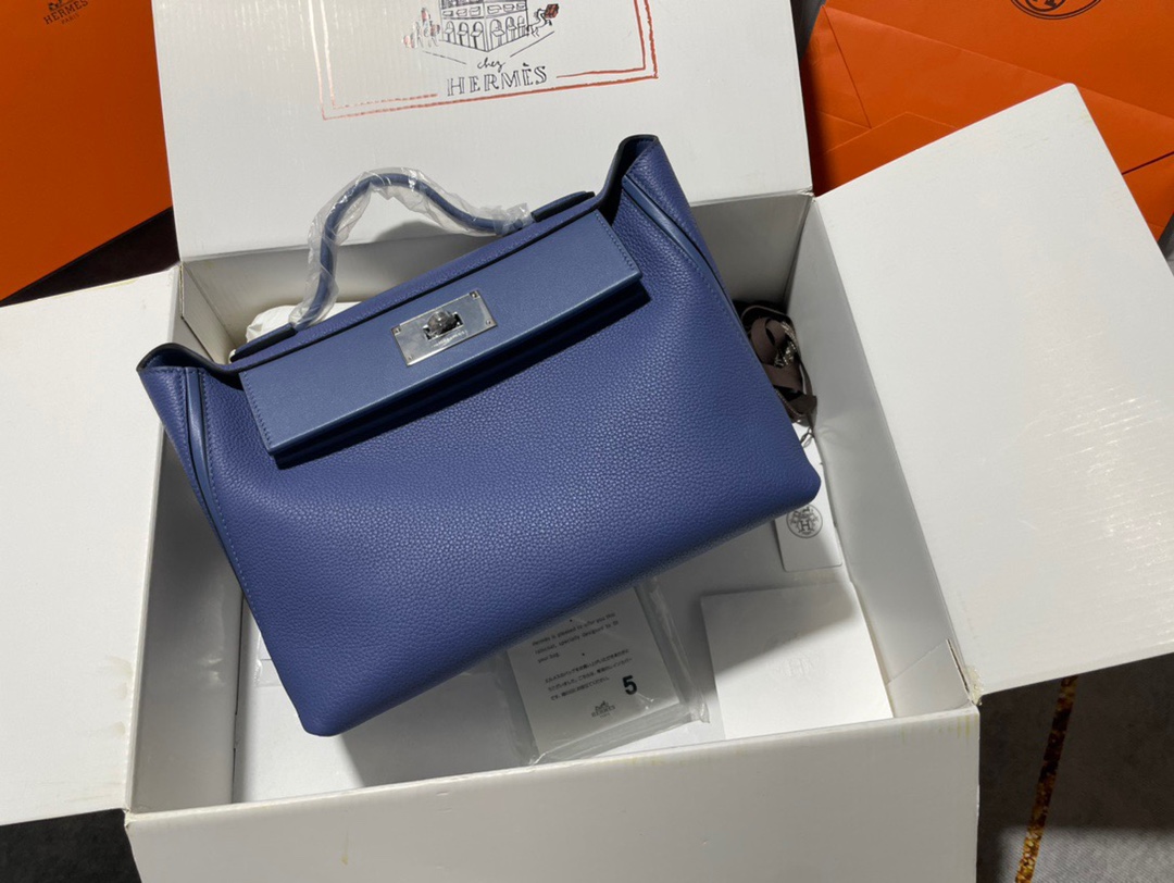 Hermes Kelly 2424 29cm Handbag in Blue Thalassa Clemence Leather